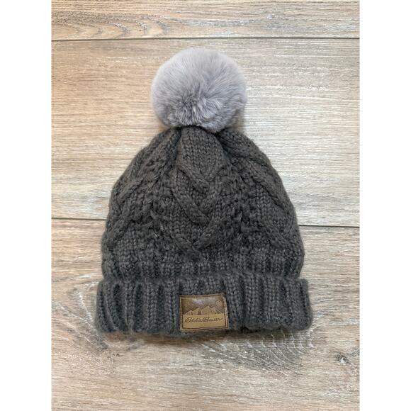 Eddie Bauer Chunky Knit Lined Beanie Pom Hat Gray Brown Winter Cottage Hat - Picture 6 of 6